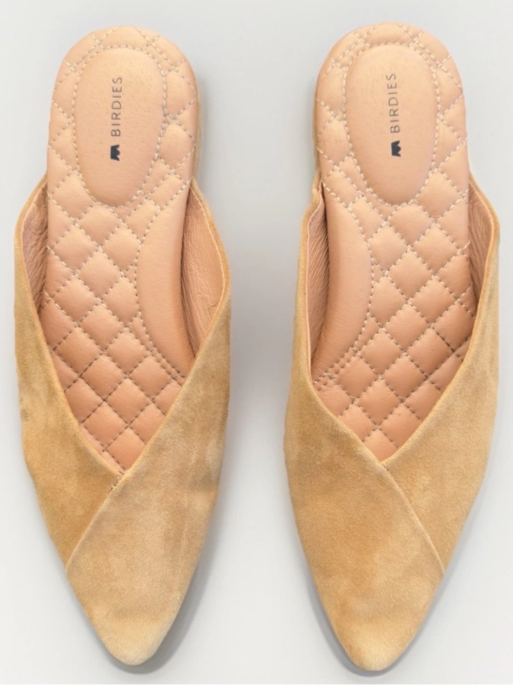 Birdies The Swan Golden Oak Suede Pointed Toe Mule Flats Size 7.5 Quilted Insole